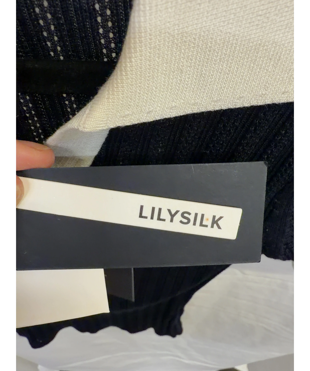 LILYSILK navy V Neck Ribbed Silk Knit Top, size UK XS — detail