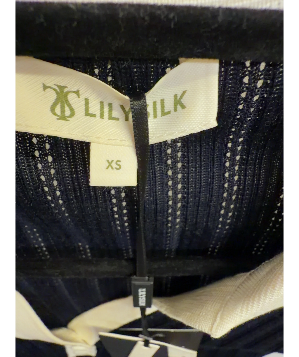 LILYSILK navy V Neck Ribbed Silk Knit Top, size UK XS — care label