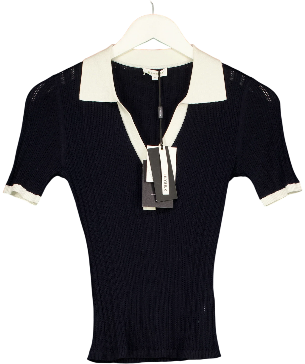 LILYSILK navy V Neck Ribbed Silk Knit Top, size UK XS — front