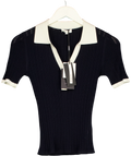 LILYSILK navy V Neck Ribbed Silk Knit Top, size UK XS — front