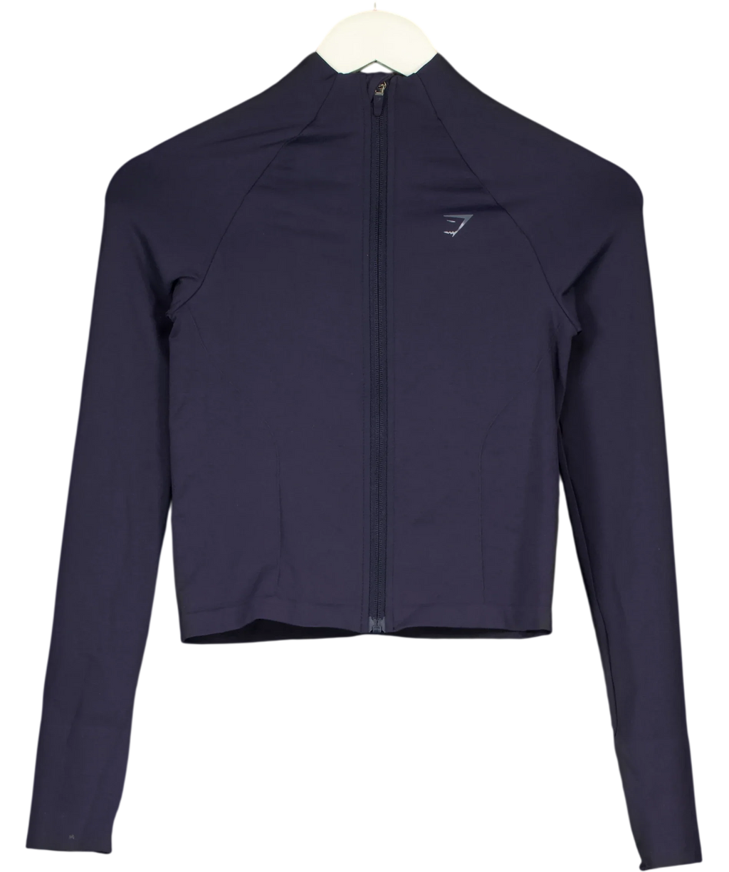 GYMSHARK navy Soft Sculpt Zip Up Jacket, size UK XS — front