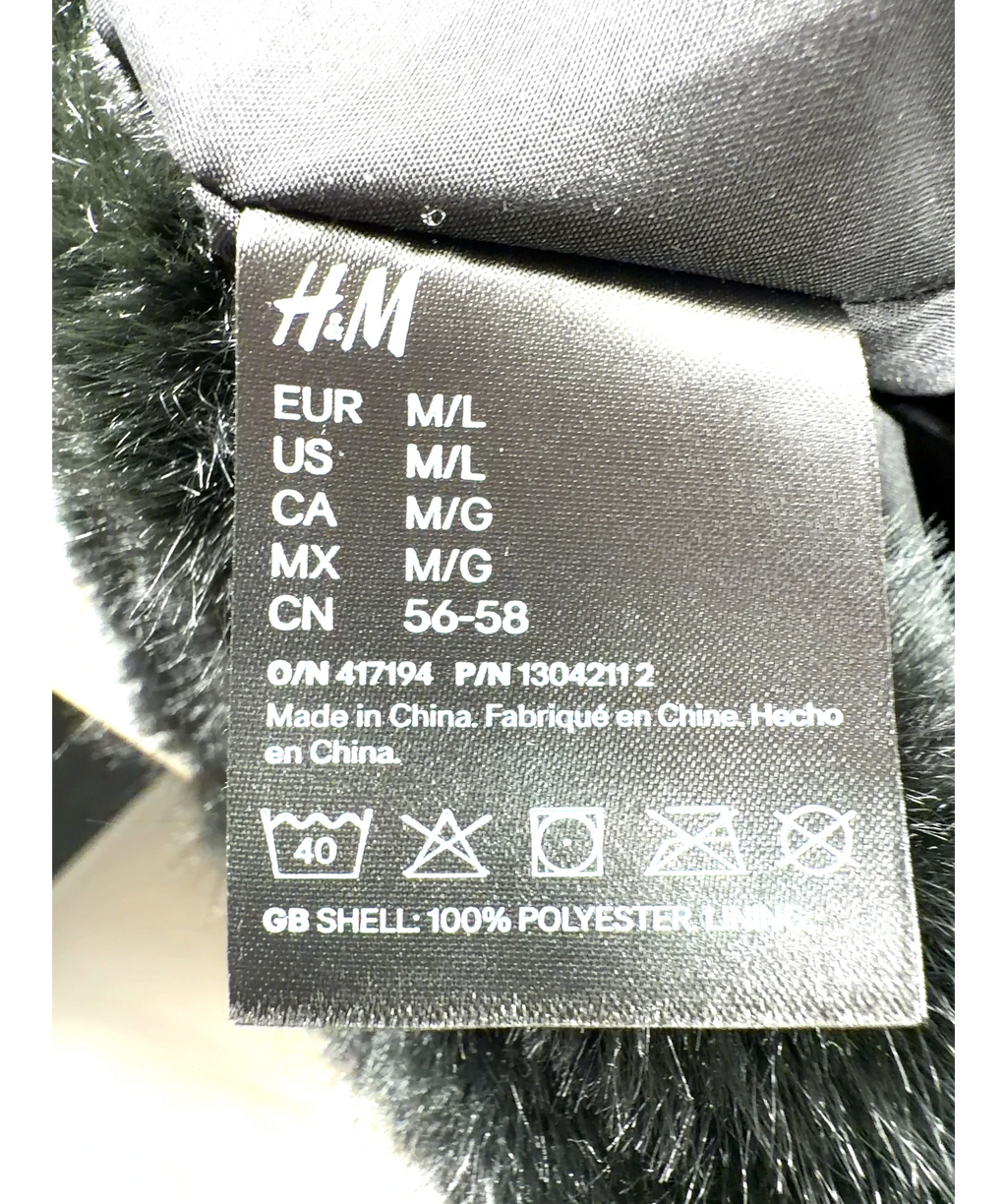 H&M Black faux-fur style fluffy hat, size UK M/L — detail