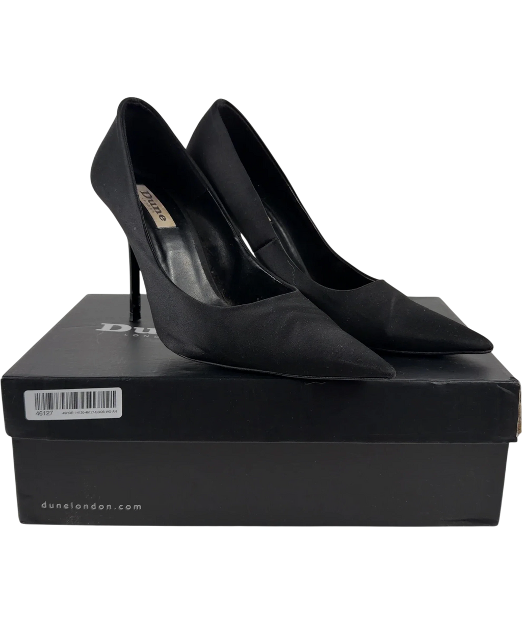Dune Black Adria T Black Satin Killer Point High Heels, size UK 5 EU 38 👠 — front