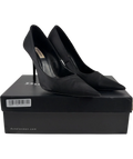 Dune Black Adria T Black Satin Killer Point High Heels, size UK 5 EU 38 👠 — front