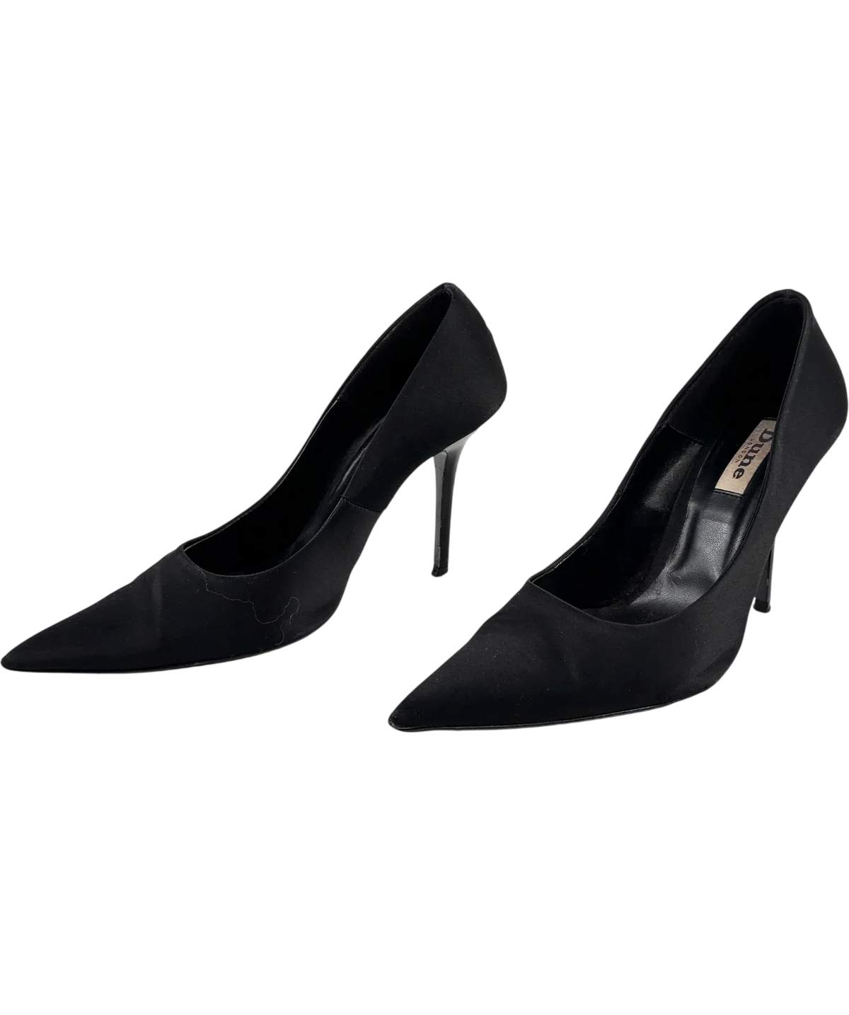 Dune Black Adria T Black Satin Killer Point High Heels, size UK 5 EU 38 👠 — label