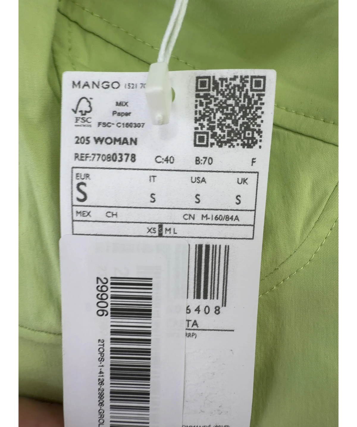 MANGO light green strapless cropped corset top, size UK S — care label