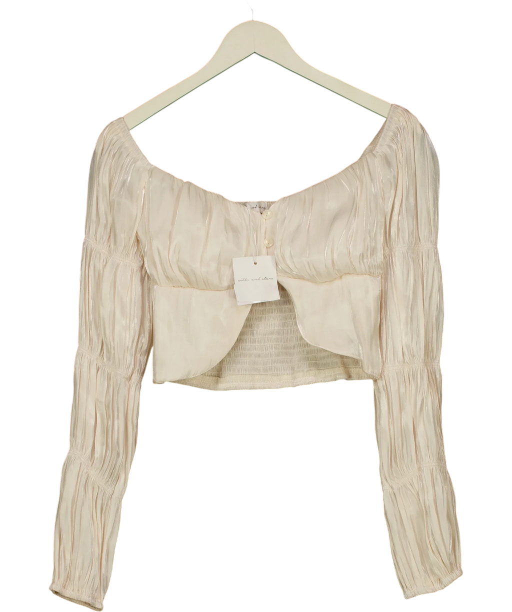 SILKS AND STARS Cream Cream Ruched Long-Sleeve Crop Top, size UK XS — front