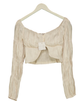 SILKS AND STARS Cream Cream Ruched Long-Sleeve Crop Top, size UK XS — front