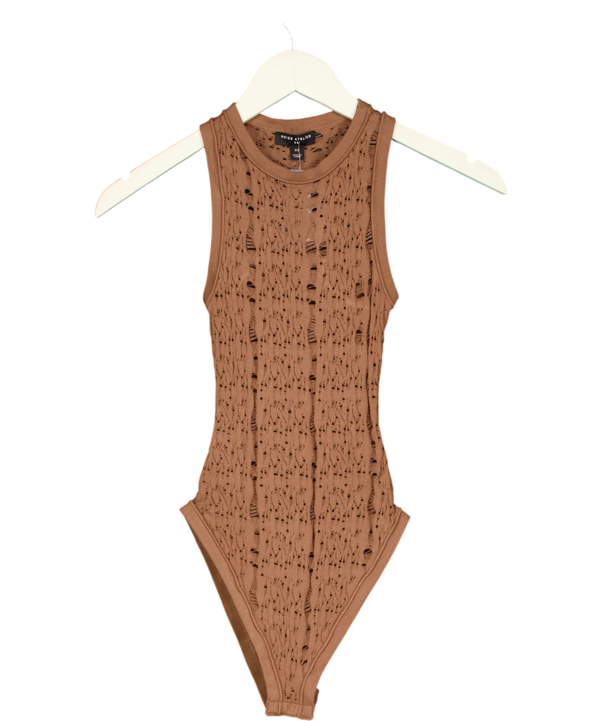 REISS Brown Atelier Adaline Lace-Knit Scoop-Neck Bodysuit, size UK XS — front