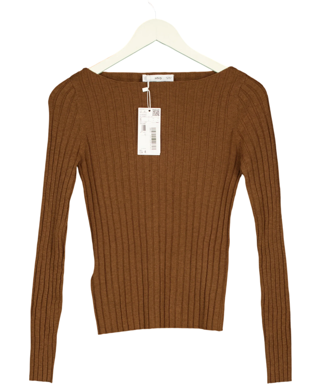 MANGO Brown boat-neck ribbed sweater, size UK S — front
