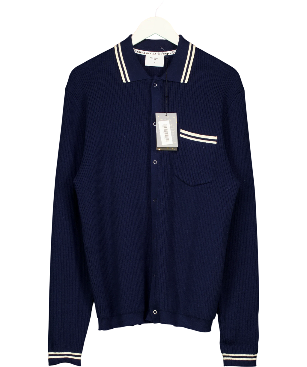 Percival navy Pablo Cotton Knitted Shirt | Long Sleeve, size UK M — front