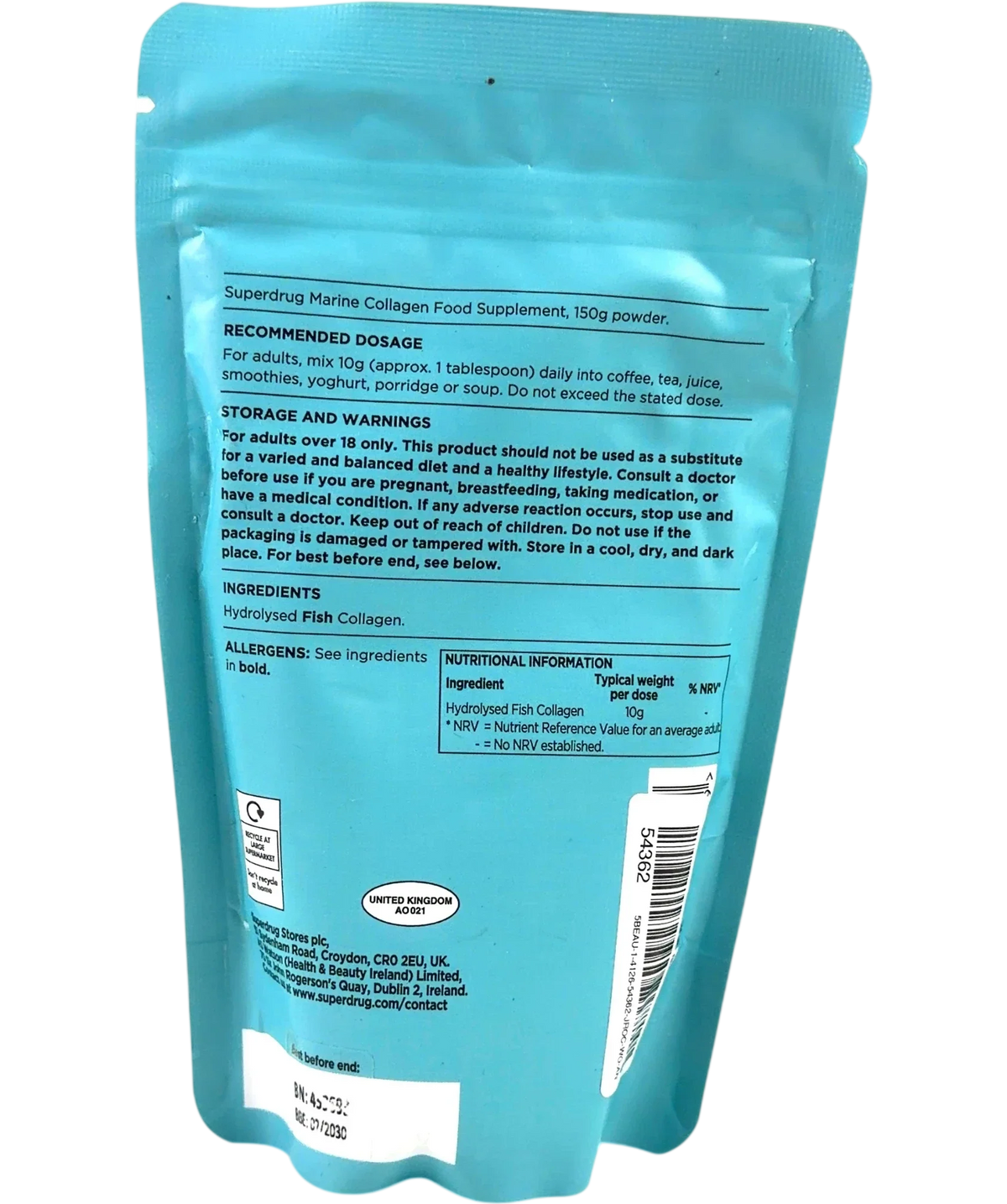 Superdrug Marine Collagen Powder Unflavoured 150g, size 150g — back