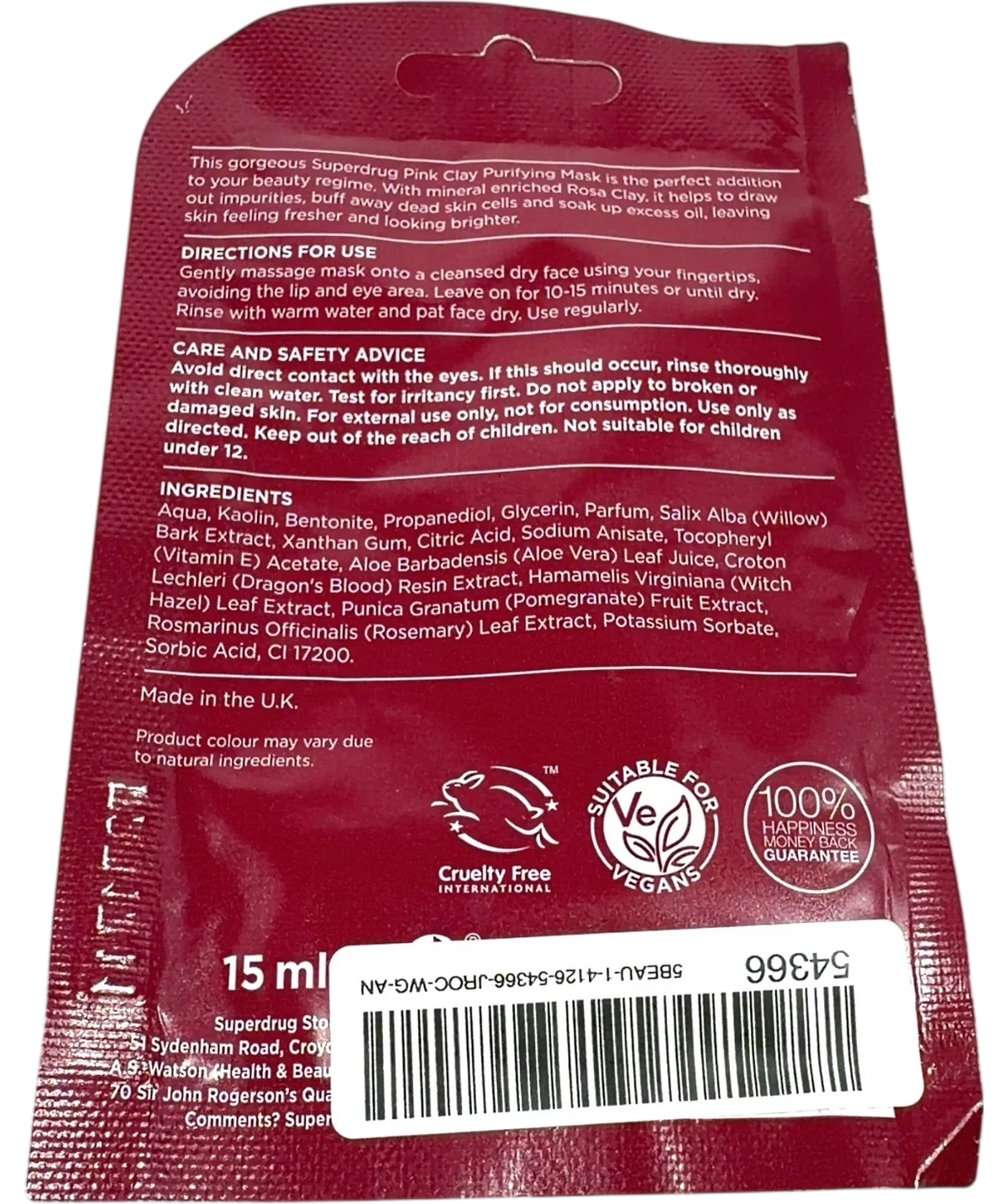 Superdrug Purifying Pink Clay Face Mask 15ml, size 15ml — back