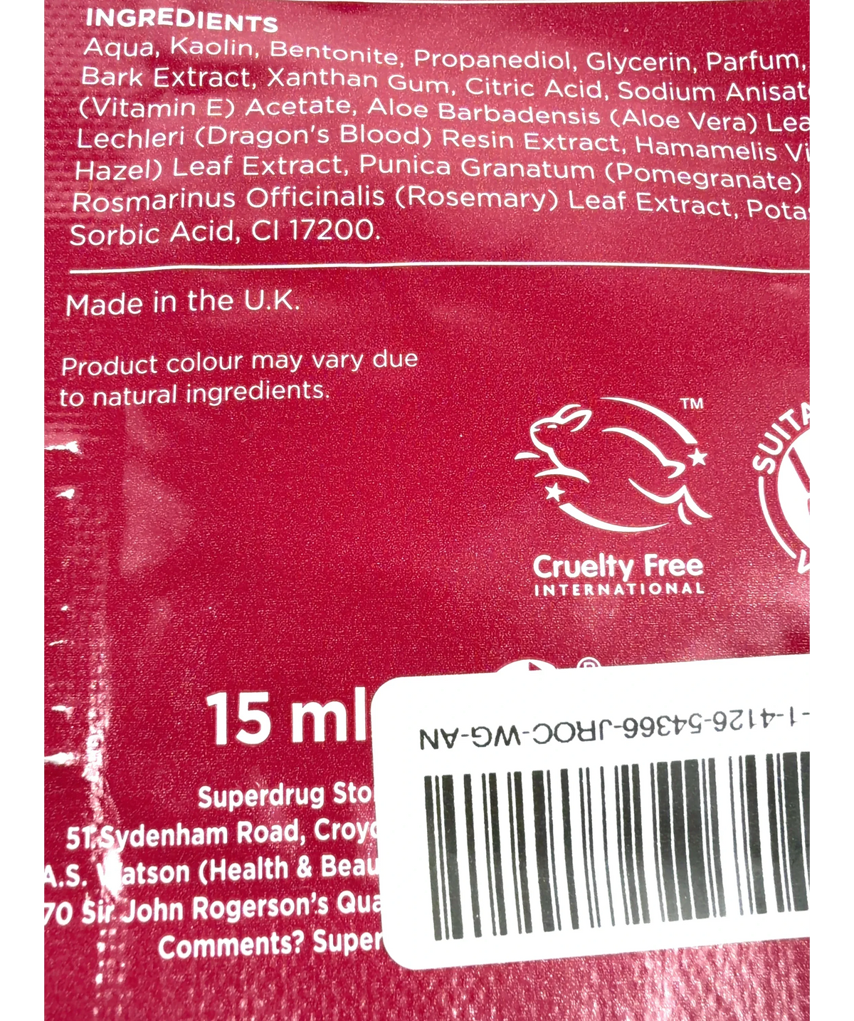 Superdrug Purifying Pink Clay Face Mask 15ml, size 15ml — care label