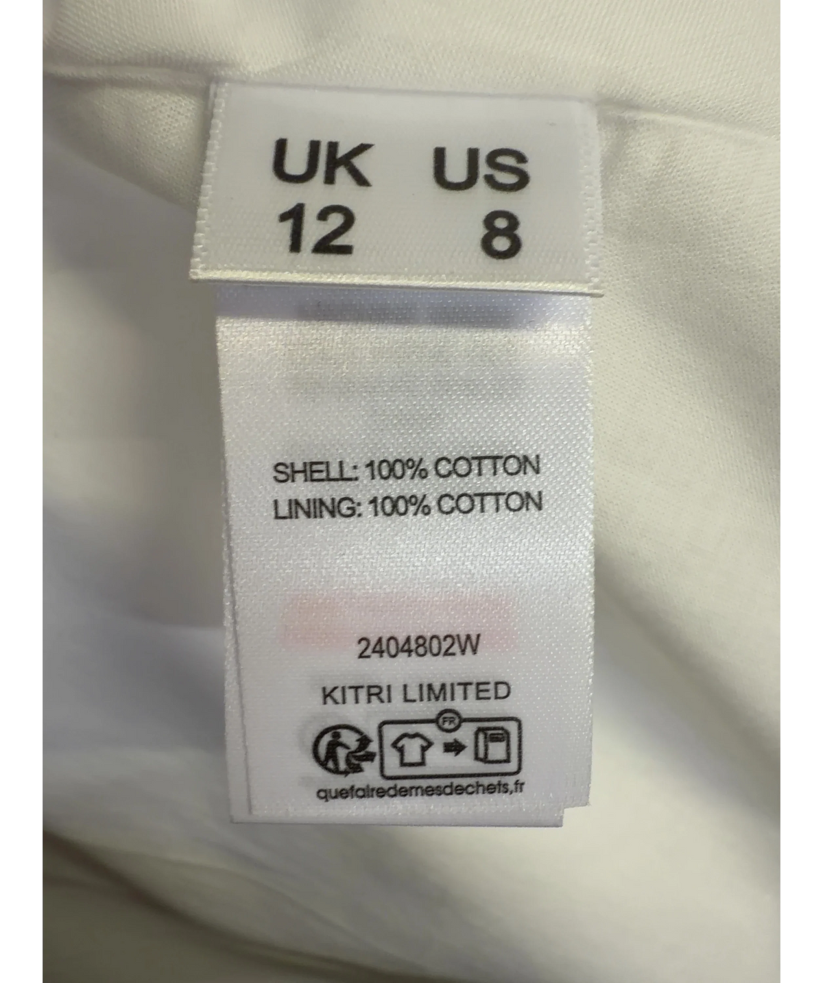 Kitri White Lucinda White Cotton Skirt, size UK 12 — label