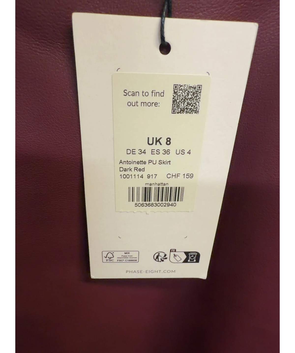 Phase Eight burgundy Antoinette PU Midi Skirt, size UK 8 — label