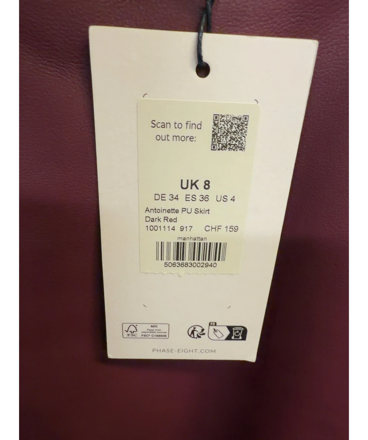 Phase Eight burgundy Antoinette PU Midi Skirt, size UK 8 — care label