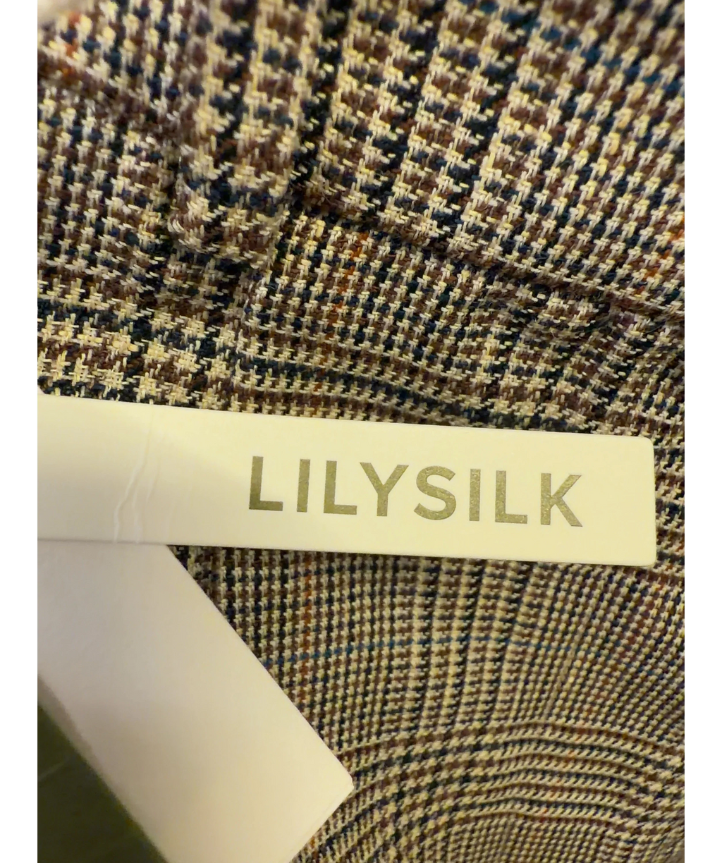 LILYSILK Brown glen plaid/graph check wide-leg trousers, size UK 6 — detail