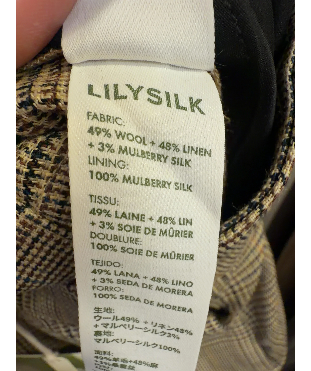 LILYSILK Brown glen plaid/graph check wide-leg trousers, size UK 6 — label