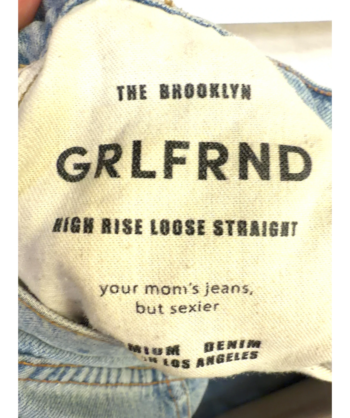 grlfrnd light blue The Brooklyn High Rise Loose Straight Jeans, size W27 — care label