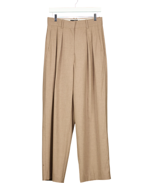 Mng Brown Beige Wide-Leg Pleated Trousers Uk 8