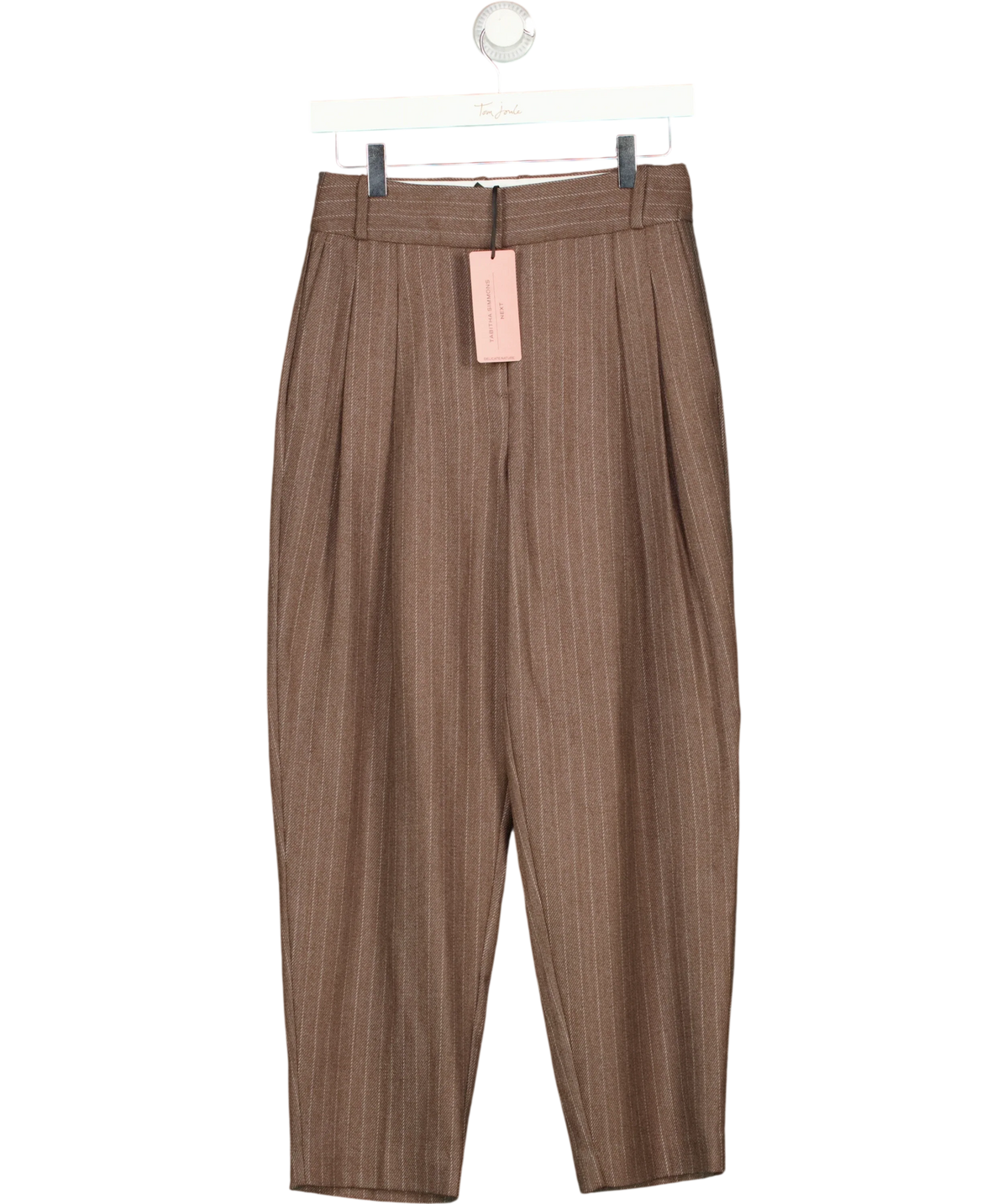 Tabitha Simmons Brown x Next wool blend pinstripe trousers, size UK 6 — front
