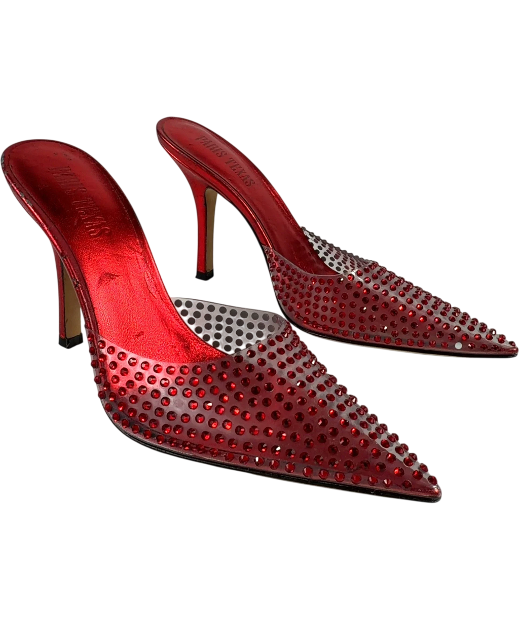 Paris Texas Red crystal-embellished clear vamp and metallic red stiletto mules, size UK 4 EU 37 👠 — front