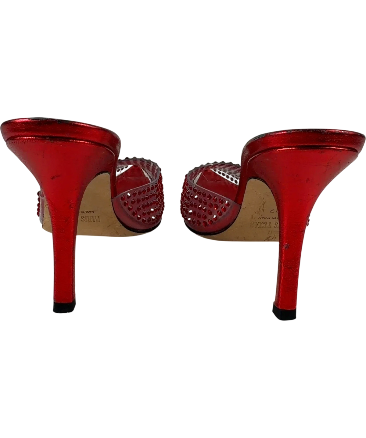 Paris Texas Red crystal-embellished clear vamp and metallic red stiletto mules, size UK 4 EU 37 👠 — back