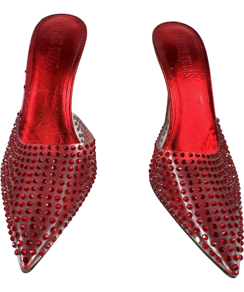 Paris Texas Red crystal-embellished clear vamp and metallic red stiletto mules, size UK 4 EU 37 👠 — detail