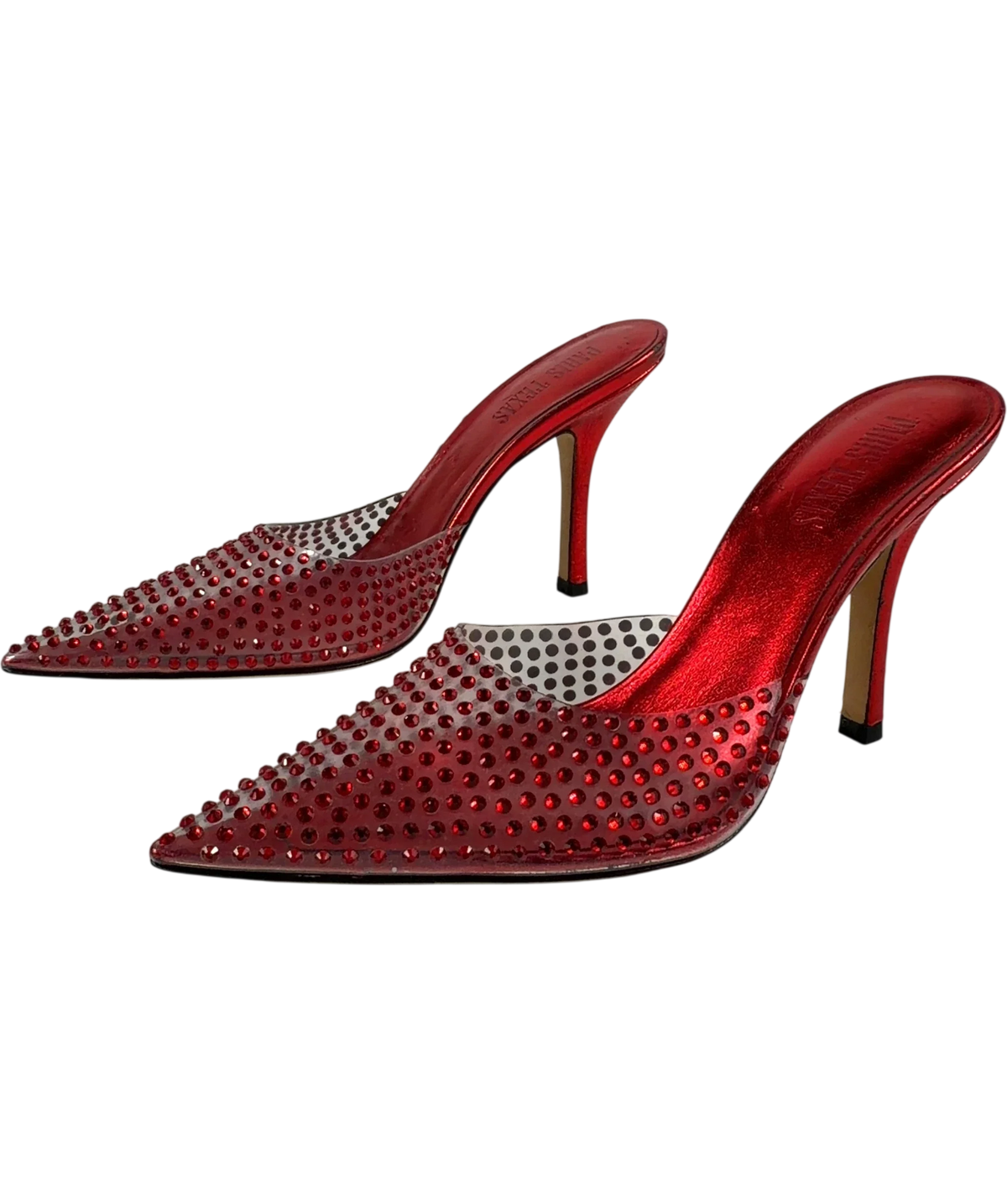 Paris Texas Red crystal-embellished clear vamp and metallic red stiletto mules, size UK 4 EU 37 👠 — label