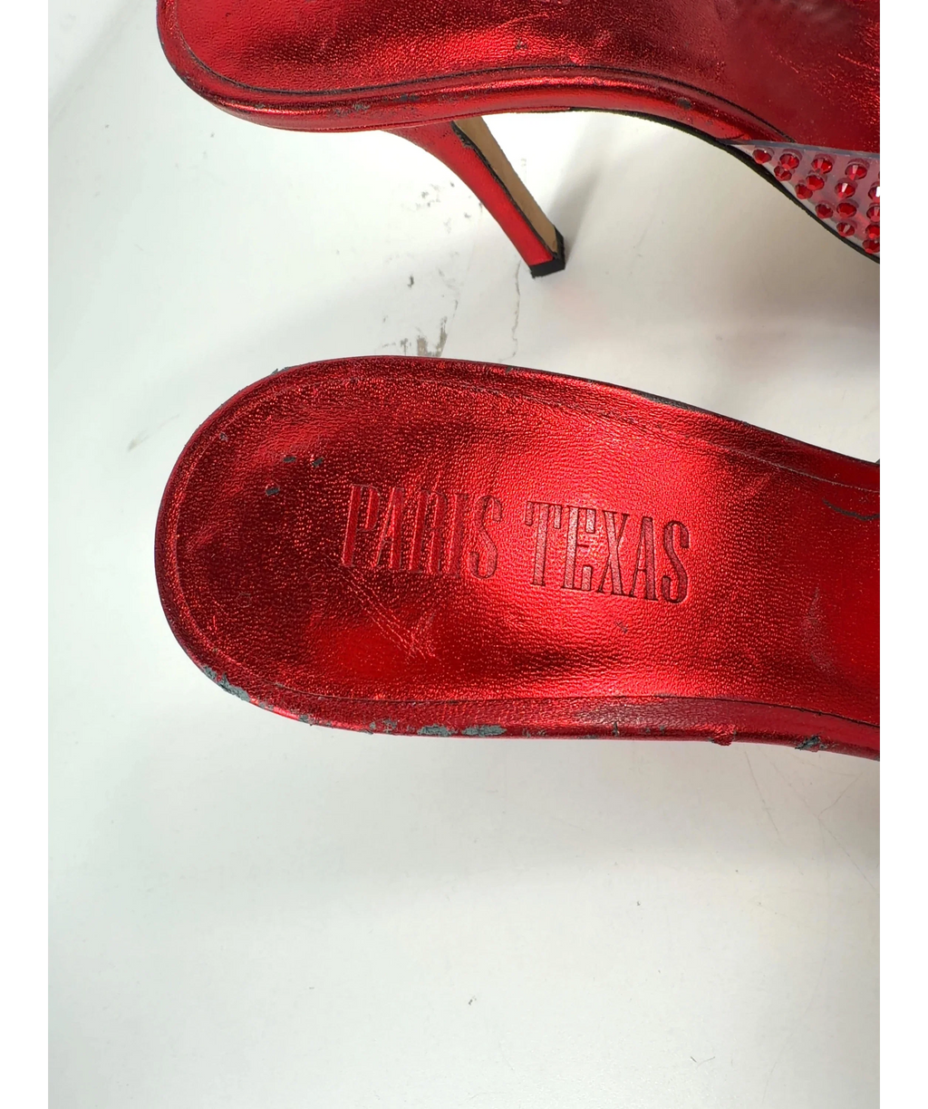 Paris Texas Red crystal-embellished clear vamp and metallic red stiletto mules, size UK 4 EU 37 👠 — care label