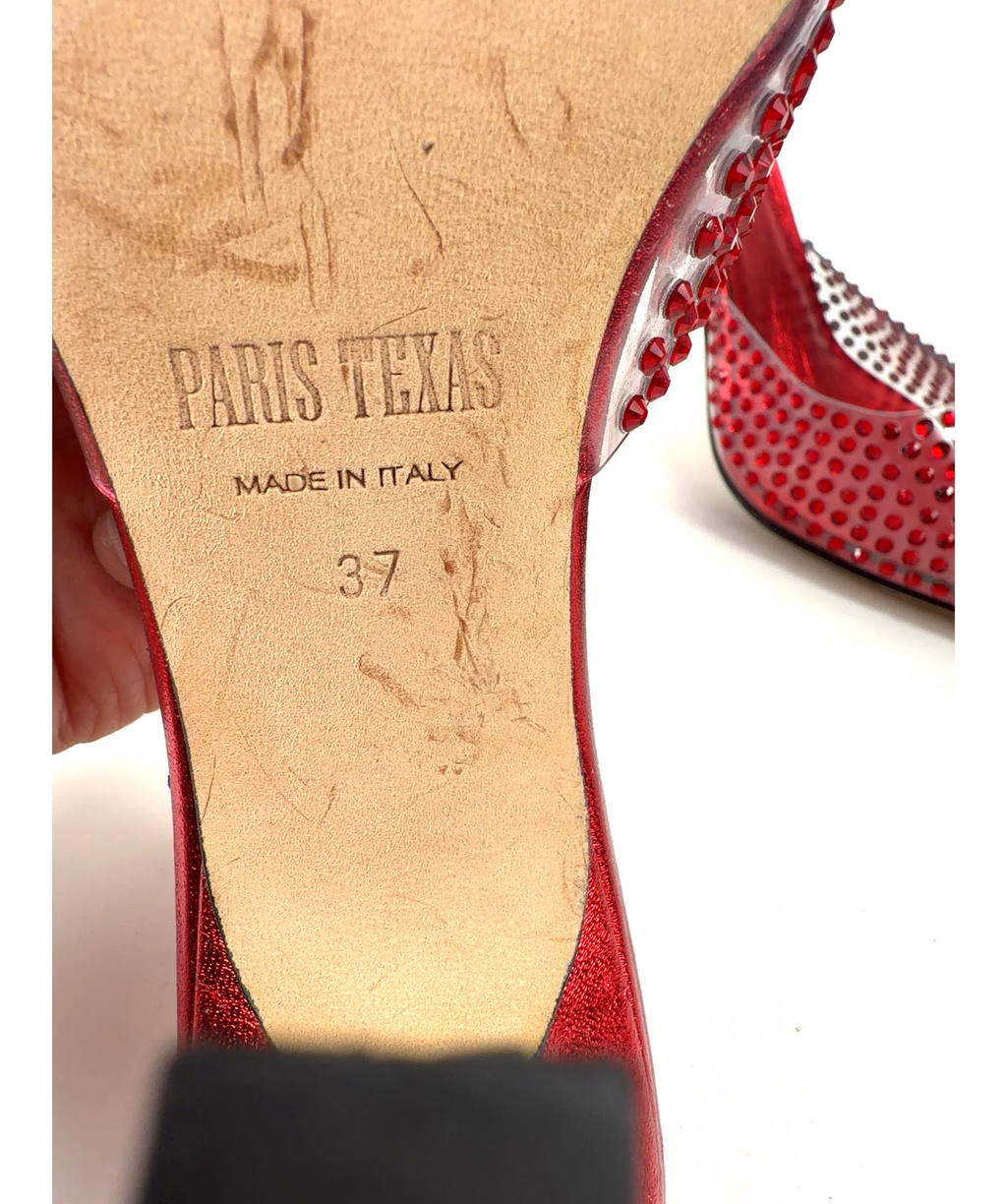 Paris Texas Red crystal-embellished clear vamp and metallic red stiletto mules, size UK 4 EU 37 👠 — fabric detail