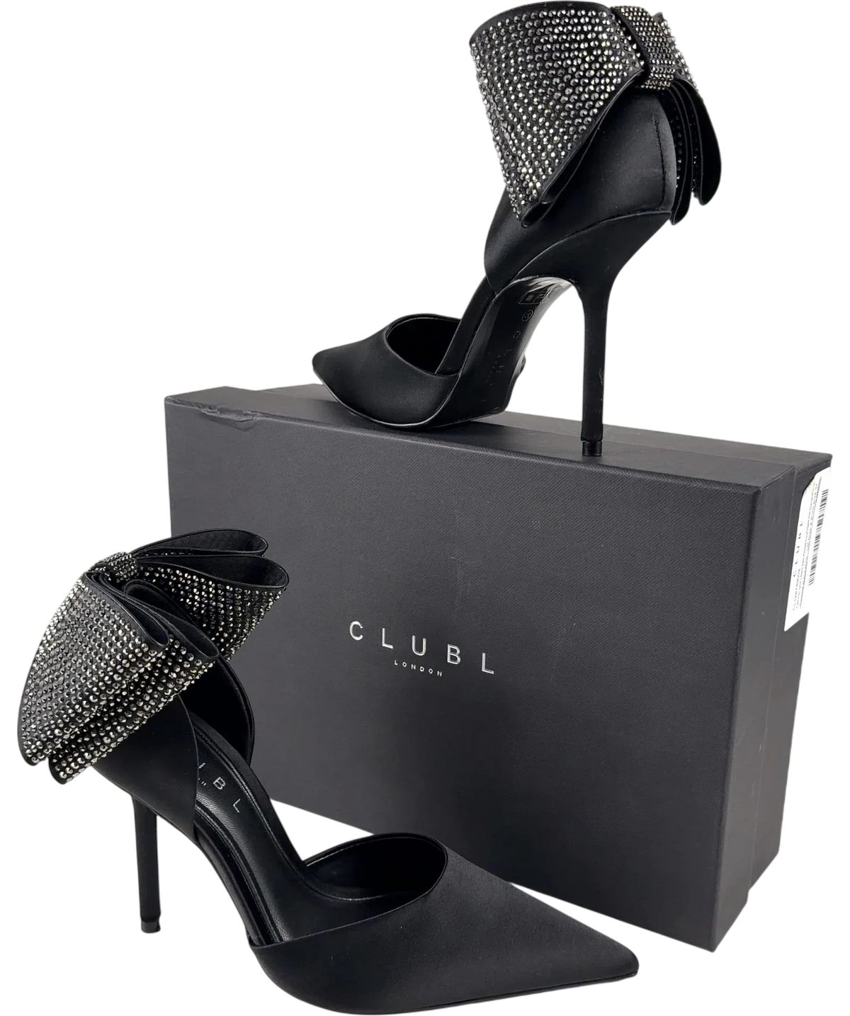 Club L Black Flashing Lights Black Satin Pointed Court Heels With Diamante Bows, size UK 4 EU 37 👠 — front