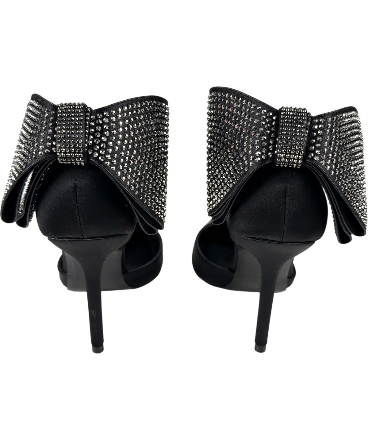 Club L Black Flashing Lights Black Satin Pointed Court Heels With Diamante Bows, size UK 4 EU 37 👠 — back
