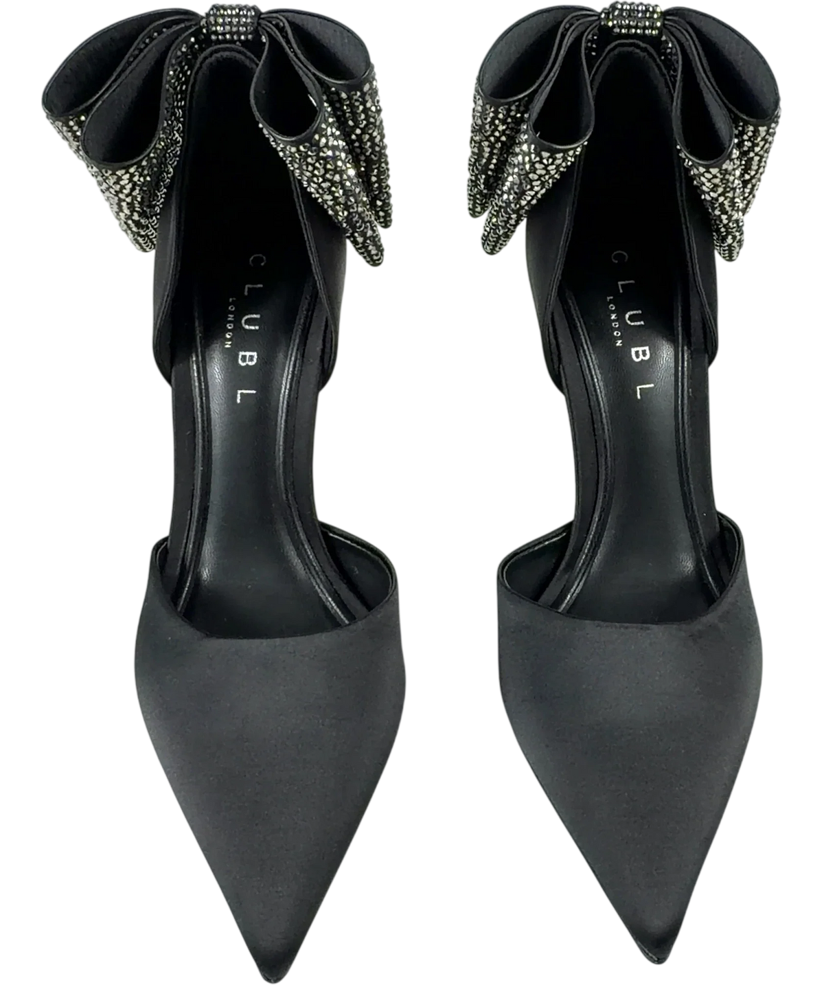 Club L Black Flashing Lights Black Satin Pointed Court Heels With Diamante Bows, size UK 4 EU 37 👠 — detail