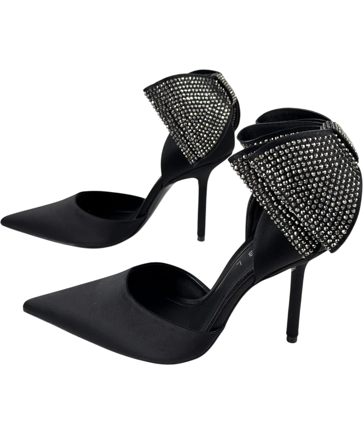 Club L Black Flashing Lights Black Satin Pointed Court Heels With Diamante Bows, size UK 4 EU 37 👠 — label