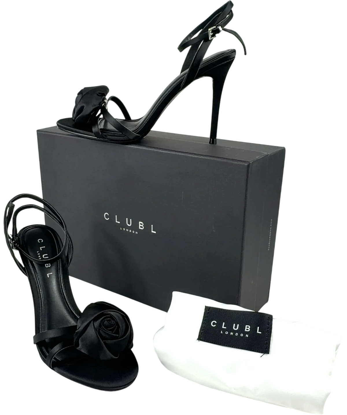 Club L Black The Sweet Step Black Satin Strappy Heeled Sandals With Flowers, size UK 4 EU 37 👠 — front