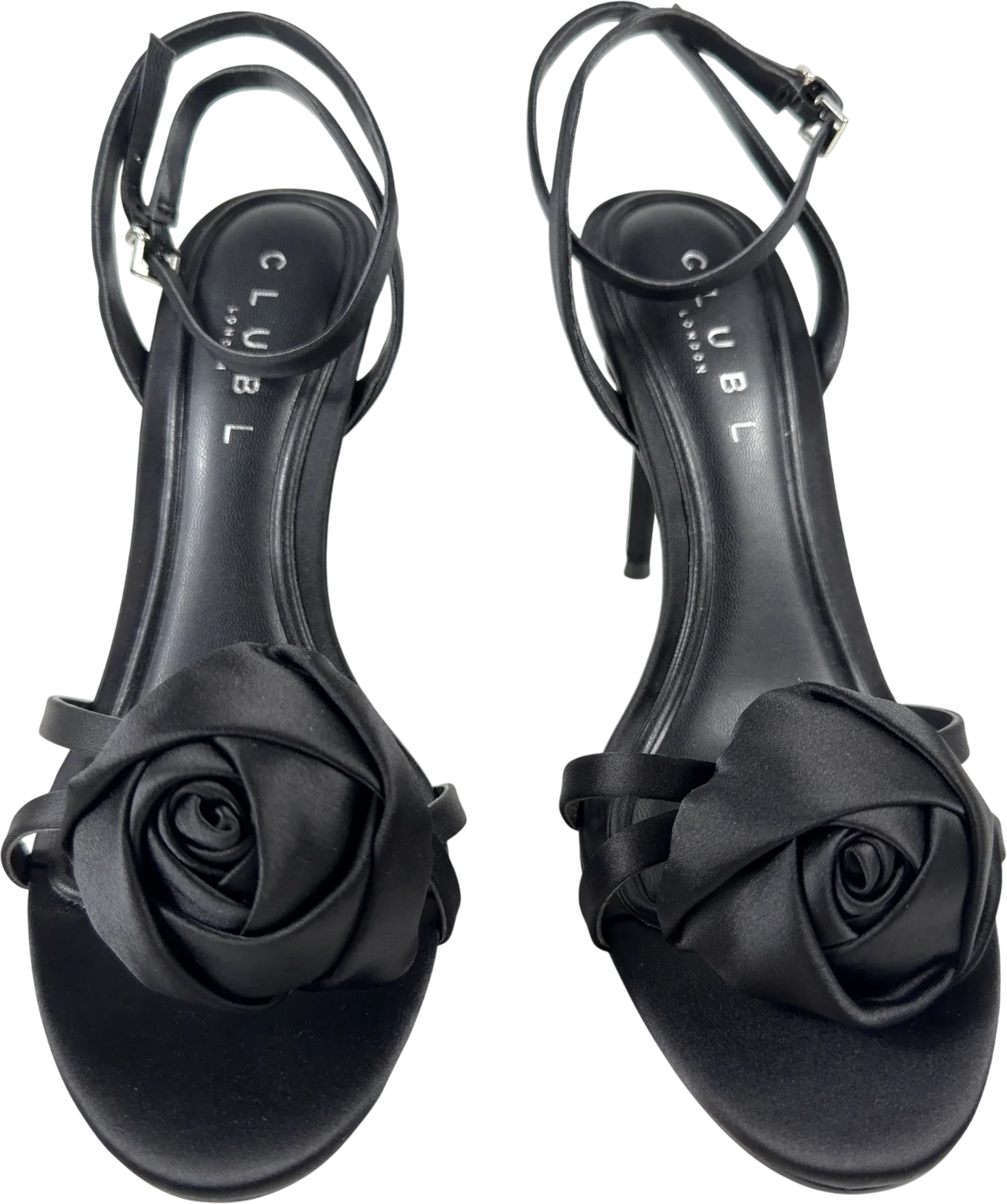 Club L Black The Sweet Step Black Satin Strappy Heeled Sandals With Flowers, size UK 4 EU 37 👠 — detail