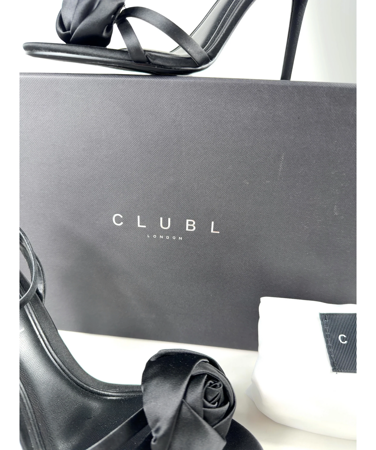 Club L Black The Sweet Step Black Satin Strappy Heeled Sandals With Flowers, size UK 4 EU 37 👠 — care label