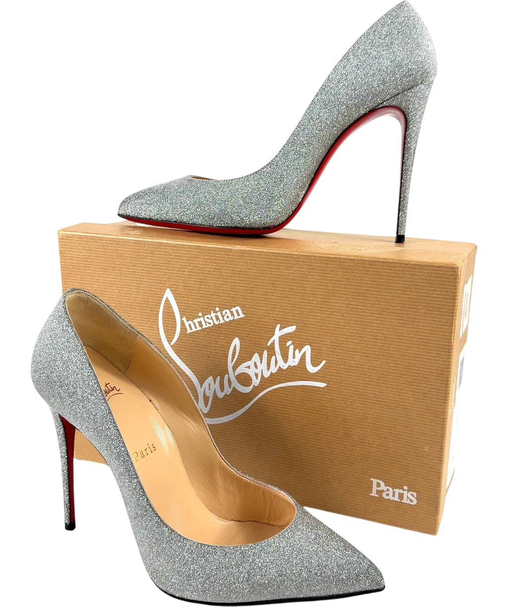 Christian Louboutin silver Pigalle Follies 100 in Calf Glitter, size UK 6 EU 39 👠 — front