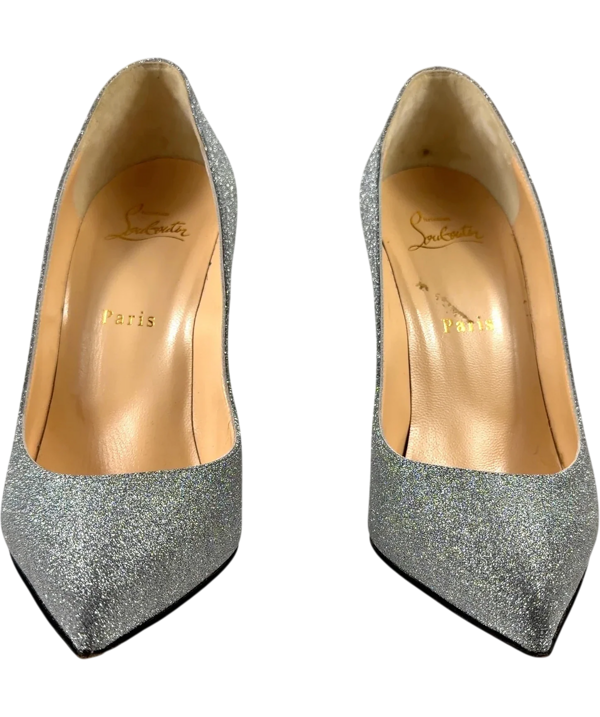 Christian Louboutin silver Pigalle Follies 100 in Calf Glitter, size UK 6 EU 39 👠 — detail
