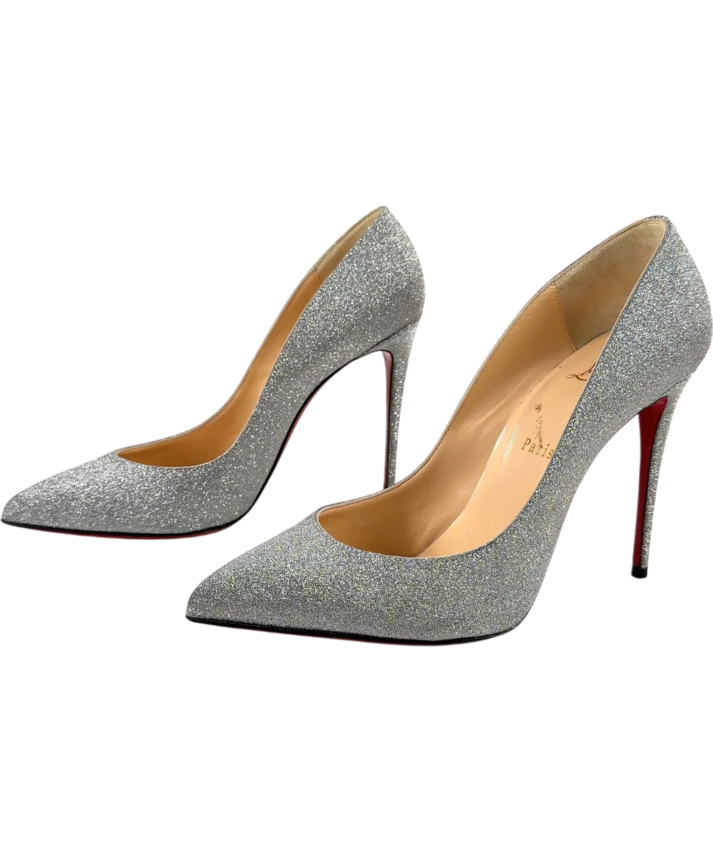 Christian Louboutin silver Pigalle Follies 100 in Calf Glitter, size UK 6 EU 39 👠 — label