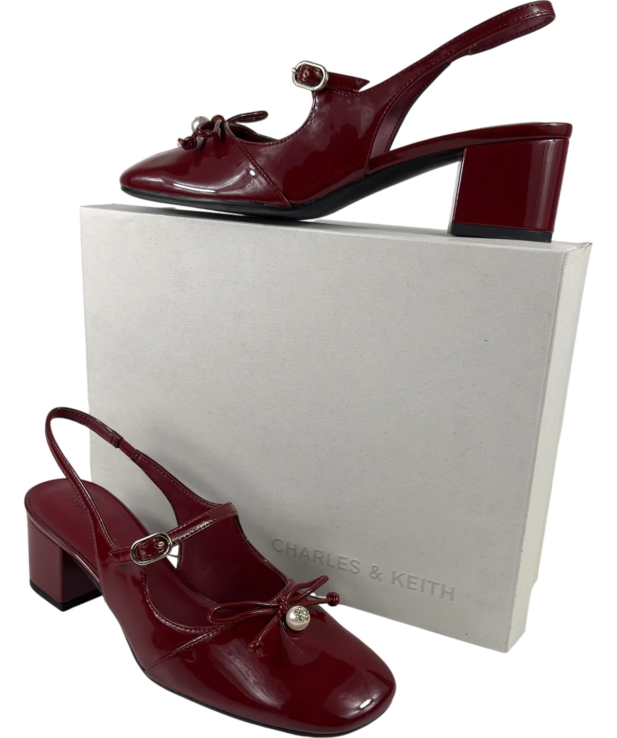 Charles & Keith burgundy Patent Bow Slingback Mary Jane Pumps, size UK 6 EU 39 👠 — front