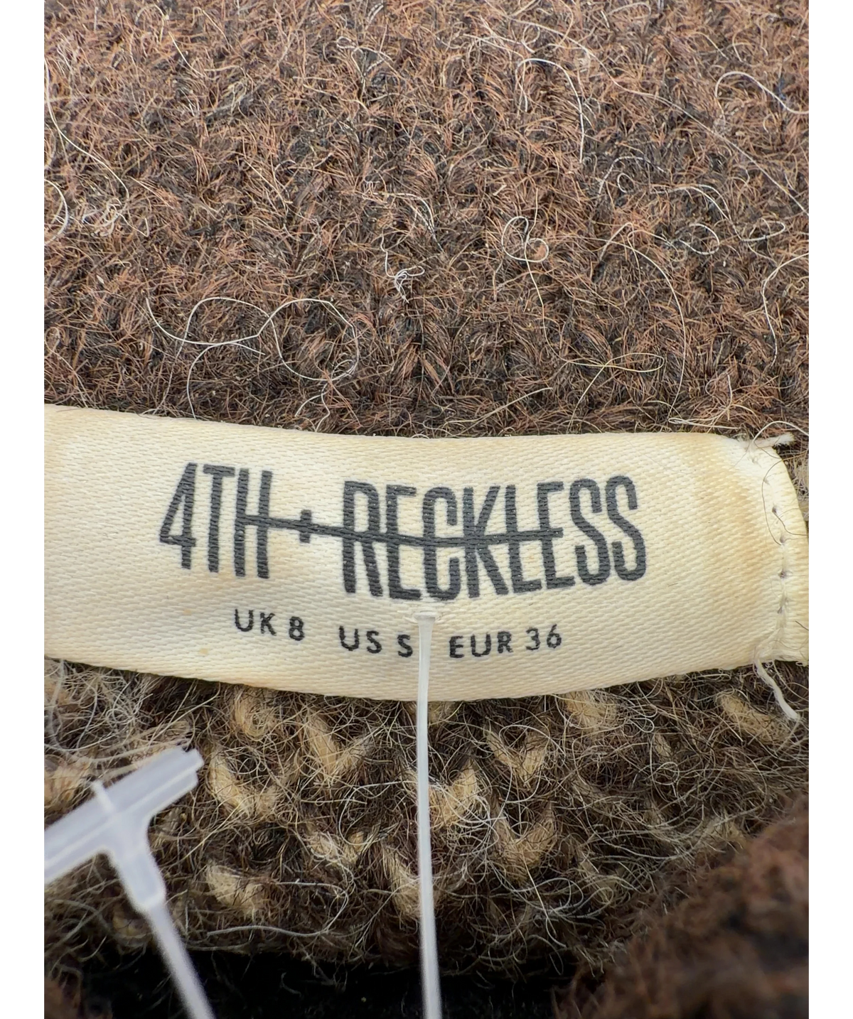 4th & Reckless Brown brown plaid/check zip-up high-neck knit cardigan, size UK 8 — detail