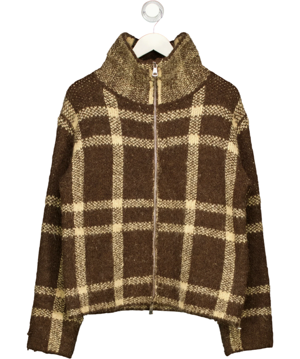 4th & Reckless Brown brown plaid/check zip-up high-neck knit cardigan, size UK 8 — front