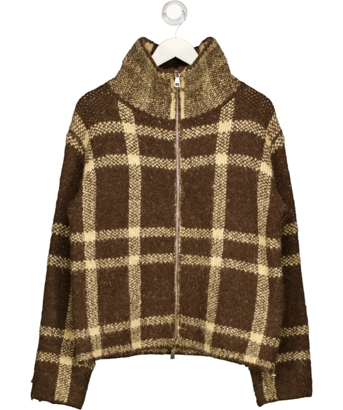 4th & Reckless Brown brown plaid/check zip-up high-neck knit cardigan, size UK 8 — front