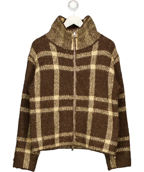 4th & Reckless Brown brown plaid/check zip-up high-neck knit cardigan, size UK 8 — front