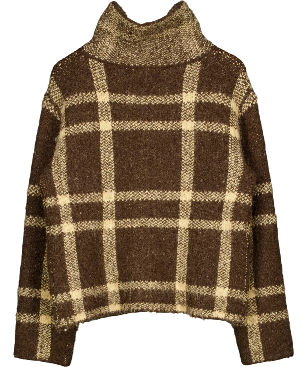 4th & Reckless Brown brown plaid/check zip-up high-neck knit cardigan, size UK 8 — back