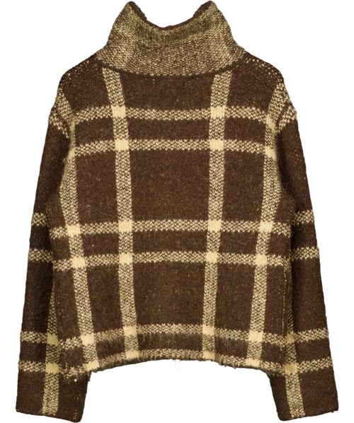 4th & Reckless Brown brown plaid/check zip-up high-neck knit cardigan, size UK 8 — back