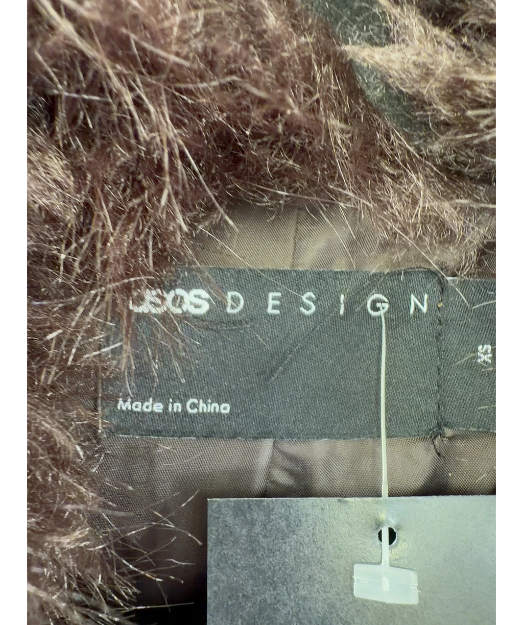ASOS Brown shaggy faux fur cropped brown jacket, size UK 4 — detail